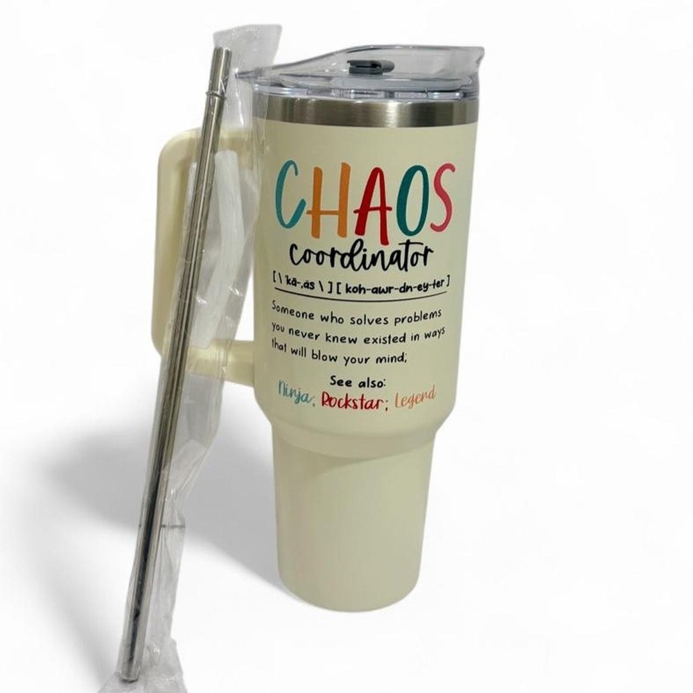 40oz Tumbler CHAOS COORDINATOR Gifting Cream Pastel Cute travel mug with handle